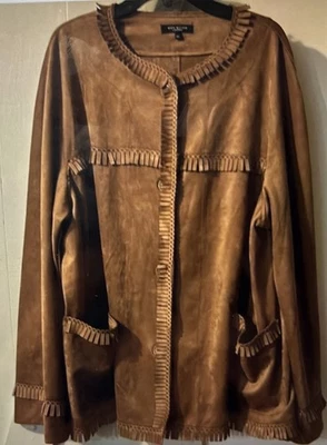 Max Studio London XL 嬉皮人造麂皮绒柔软波西米亚夹克带口袋条纹棕色 — 第 1/4 张图片