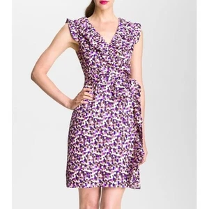 KATE SPADE Aubrey Wrap Dress Purple White Silk Ruffle Mini Size 0 Office - Picture 1 of 9