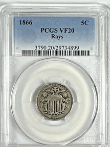 1866 Rays Shield Nickel : PCGS VF20 - Picture 1 of 4
