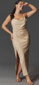 By Anthropologie Rüschen Slim Midikleid Khaki US 20W Orange Schleife Neu mit Etikett - Bild 1 von 10