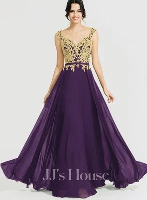 Vestido Formal JJs House Púrpura Oscuro Dorado Cuello en V Vestido de Piso Talla 6 Nuevo con Etiquetas Foto 1 de 4