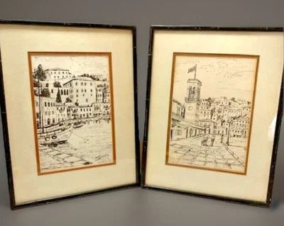VTG Art Signed Framed Black White Retro Estate Regency Pair Set 2 Gallery Wall - Image 1 of 4