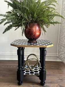 Great Solid Wood Up Cycled Occasional Table In Striking Black And White Stencil - Picture 1 of 6