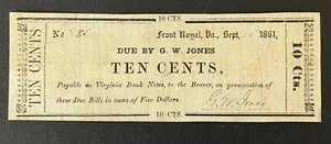 1861 Civil War Confederate States 10c bill Front Royal, VA near uncirculated - Picture 1 of 3