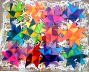 12 Handmade Origami Star Ornaments Multi Color Paraffin Wax Dipped Paper Glitter - Picture 1 of 4