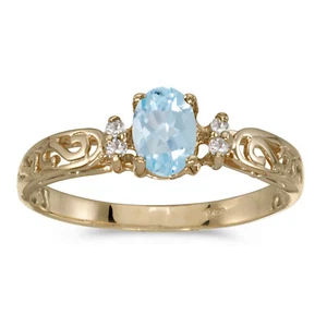 10k Yellow Gold Oval Aquamarine And Diamond Ring - Picture 1 of 2