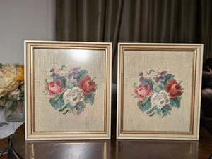 Vintage Pair Framed Cross Stitch Floral Wall Art Pictures 7.25" x 6" x .75" - Picture 1 of 14