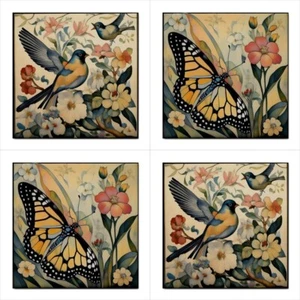 Birds Butterfly Ceramic Tile Set Of 4 Art Nouveau Style Backsplash Tiles 4.25 In - Picture 1 of 4