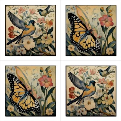 Birds Butterfly Ceramic Tile Set Of 4 Art Nouveau Style Backsplash Tiles 4.25 In - Image 1 of 4