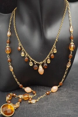 Vintage ROBERT ROSE Gold Tone Faux Faceted Amber Beaded Double Strand Necklace - Image 1 of 4