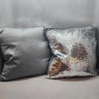 Set of 2 Aviva Stanoff Gray Silver Sequin Silk 18" x 18" Luxury Pillow USA - NEW - Image 1 of 4