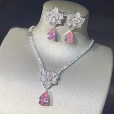 2pc Party Jewelry Set Flower Design Pink Topaz Gems Women Silver Necklace Earing - Image 1 of 4