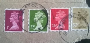 4x MACHIN STAMPS 50p 26p 22p 1p SGx963 SGX971 USED GB STAMPS POSTMARK - Picture 1 of 2