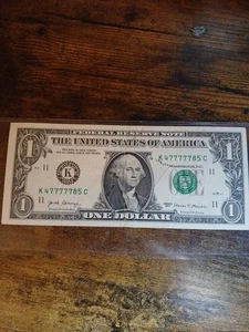 Fancy Cereal Number Note Five lucky 7s $1 Note SN#47777785 Off Center& Ink Smear - Picture 1 of 9