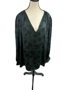 Ava & Viv Womens 3X Blouse Green Black Floral Long Sleeve V Neck Top - Picture 1 of 6