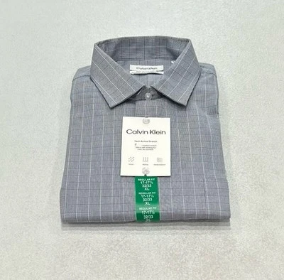 Calvin Klein Men’s Tech Active Stretch Dress Shirt, Blue Plaid,XL(17-17.5-32/33) - Image 1 of 3