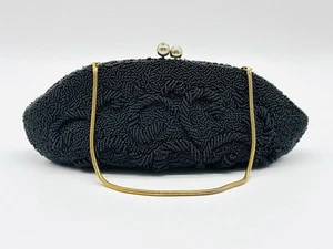 Vintage schwarz Perlen Tasche/Clutch Gold versteckte Kette Strass Kiss Lock - Bild 1 von 8