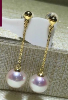 Impresionantes aretes de perlas redondas blancas naturales reales AAA+ 7-8 mm de oro de 14 k Foto 1 de 4