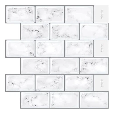 Azulejos de pared para salpicadero pelar y pegar - 10 hojas de azulejo 12" x 12" mármol blanco 3D Foto 1 de 4