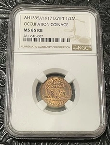EGYPT, 1917 BRONZE 1/2 MILLIEME. SULTAN HUSSEIN KAMEL. NGC MS 65 RB. RARE. - Picture 1 of 2