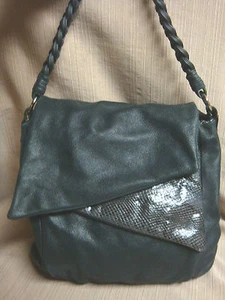 MALI Black Leather & Gray Snakeskin Double Flap Handbag w/Braided Handle - EUC - Picture 1 of 12