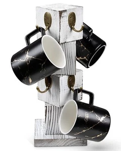 Rustic Farmhouse Coffee Mug Holder 8 Hook Wooden Mug Tree Stand White Decor - Picture 1 of 7