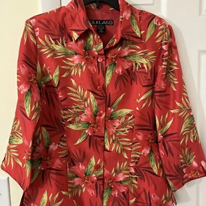 Silk Jacket Women Size 8 Red Pink Hibiscus Button Up Lined Lightweight 90’s - Picture 1 of 14