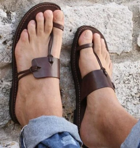 HANDGEFERTIGTE Herren Sandalen Zehentrenner aus LEDER und italienischem Leder flachbraun - Bild 1 von 6