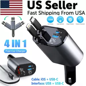 4 in 1 Fast Car Phone Charger 120W With USB Type C Cable Retractable Car Charger - Picture 1 of 24