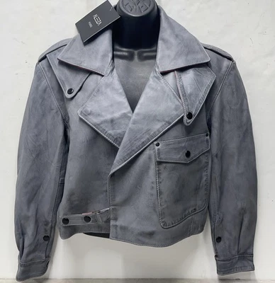 NUEVO CON ETIQUETAS Aleeza Paris Cuero Piel de Cordero Motociclista Moto Chaqueta Mujer’s L Gris Recortado Suave Foto 1 de 4