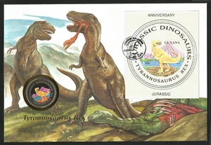 Guyana 1993 Stamp FDC + Coin UNC Guinea Ecuatorial Jurassic Tyrannosaurus 1000 F - Picture 1 of 2