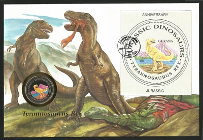 Guyana 1993 Stamp FDC + Coin UNC Guinea Ecuatorial Jurassic Tyrannosaurus 1000 F - Image 1 of 2