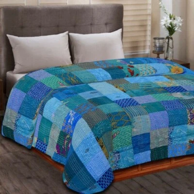 King Silk Patchwork Kantha Bedspread Indian Handmade Quilt Throw Bedding Blanket - Image 1 of 2
