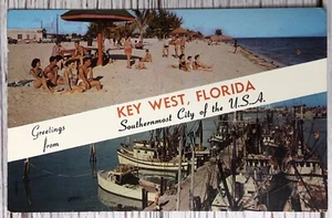 Grüße aus Key West Florida FL Strände und Boote im Hafen Vintage Postkarte - Bild 1 von 2