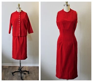 Vintage 1950s 60s Jonathan Logan Red SILK Velvet Wiggle Dress and Jacket Holiday - Picture 1 of 11