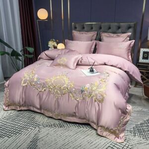 Luxury Satin Silk Cotton Flowers Gold Embroidery Bedding Set Double Duvet Cover