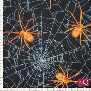 Fabric Spiders Orange Webs White Black Halloween STUDIOE Cotton 1/4 yd 5244S-99 - Picture 1 of 3