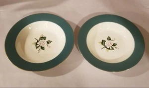 Homer Laughlin Century Service Empire Green LT PINK ROSE Soup Bowls Set 2 NICE - Picture 1 of 5