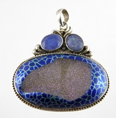 Colgante doblete de plata de ley con gema druzy de iolita y ópalo 925 30 g Foto 1 de 4