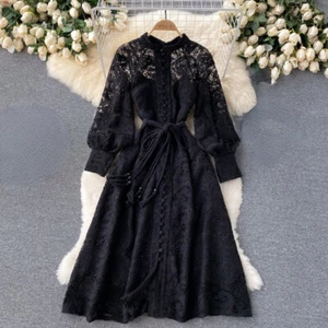 Elegant Women Lace Dress Puff Sleeve Hollow Out Retro Paisley Fairy Gothic Prom - Picture 1 of 14
