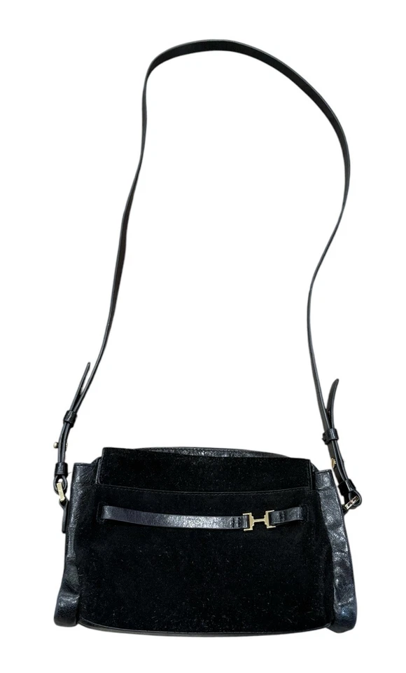 Halston Heritage Bolso Bandolera Cuero Gamuza Negro Sobre Solapa Cremallera Foto 1 de 4