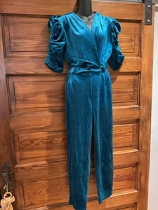 Vintage 80s Blue Velvet Puffy Sleeve Jumpsuit Outfit Romper USA 10 M - Picture 1 of 10