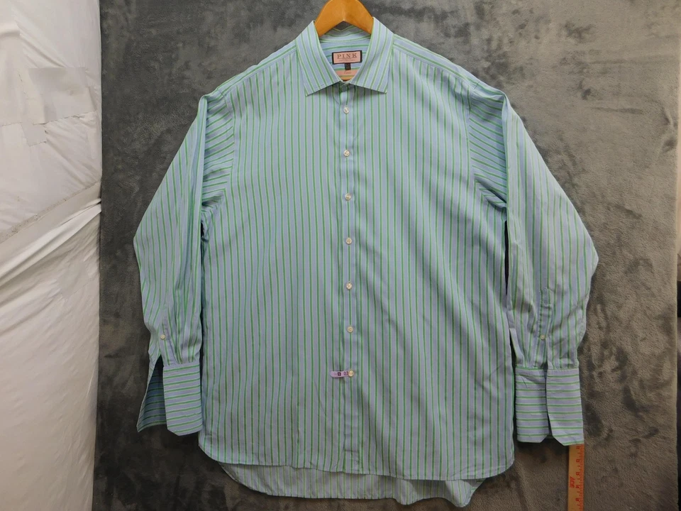 Thomas Pink Shirt Mens 18.5 2XL Blue Green Stripe Classic Fit French Cuff Dress - Image 1 of 4