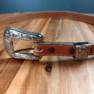 Tony Lama Leather Belt Silver Floral Women's 28 Western Cowgirl Rodeo USA Made - Image 1 of 4
