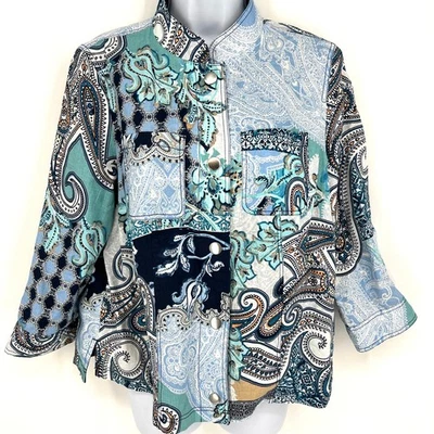 Chico's Reversible Linen Jacket Navy Paisley Chicos Size 0 - Small - Image 1 of 4