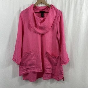 Top túnica Ali Miles rosa lino capucha cuello asimétrico lengüeta enrollable para mujer talla M - Imagen 1 de 15