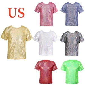 Kids Girls and Boys Shiny Metallic T-shirt Sparkly Jazz Dance Performance Top - Picture 1 of 61