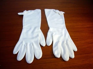 Vintage Ivory  Leather Spun Shirred Nylon Gloves 15" Sz 7 Formal Wedding Bow NOS - Picture 1 of 4