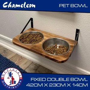 Wooden Feeding Wall Bowl hung Shelf With Stainless Steel Bowls - Picture 1 of 4