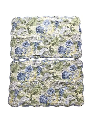 2 Waverly Pillow Shams Standard Quilted Blue Floral Stripe 100% Cotton 21x36 - Image 1 of 4